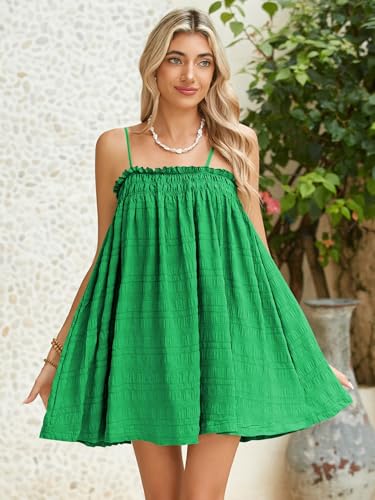 Image of MakeMeChic Women's Babydoll Dress Sleeveless Swing Shirred Mini Dresses | Beach, Summer, Sundress, Ruffle, Casual Dress, Flowy Dress