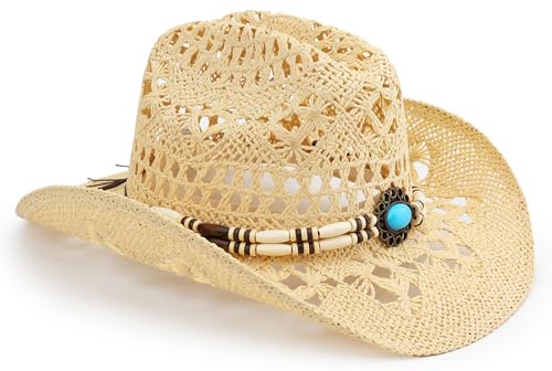 Image of Straw Cowboy Hat, Western Cowgirl Hat, Wide Brim Sun Beach Hat for Men and Women