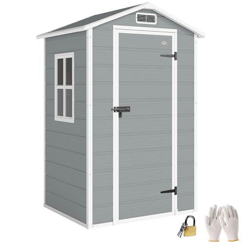 Outsunny 4 x 3 ft Plastic Garden Shed with Floor, Outdoor Storage Shed with Lockable Door, Window and Vent for Backyard, Patio, Garage, Light Grey