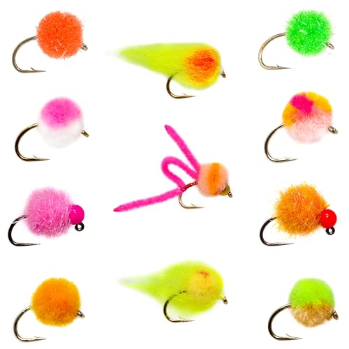 24 Glo Bug, Egg Dry Fly Fishing Lure Assortment | Trout, Steelhead, Salmon Fly Fishing Flies | Size #8, #10, #12, #14