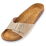  Palado® Damen Sandale Malta GS  Made in EU  Pantoletten in sommerlichen Farben  1-Riemen Sandaletten mit Natur Kork-Fussbett  Frauen Hausschuhe mit Leder-Laufsohle Lack Glatt Creme Gold 39 EU