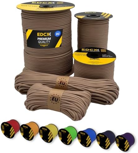 EdcX Paracord 4mm, 35+ Solid Colors (10m, 15m, 30m, 50m, 100m, 300m) | Ideal for Crafting, DIY, Camping, Survival, Outdoor | 100% Nylon Rope 4mm | Tactical Cord 550 Type III (Red, 50 m)