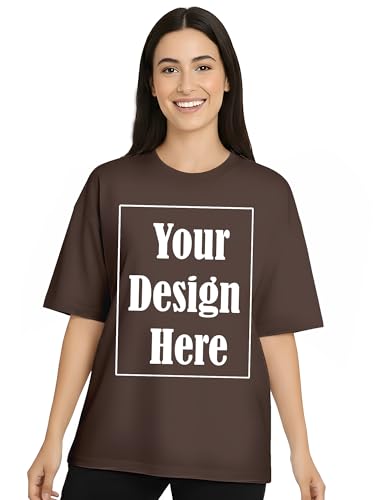 Image of ENCIGER Women Oversized Custom T-Shirt Personalised Front Print Pure Cotton Oversize Fit Tee for Girls & Women Brown, L