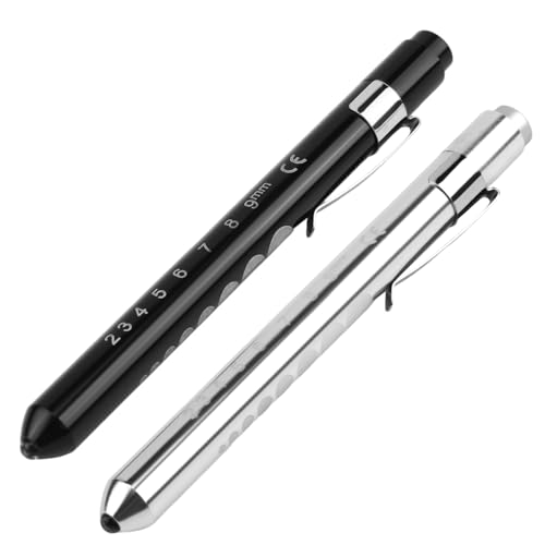 2 Pcs Nurse Pen Torch, Reusable LED Penlight with Pupil Gauge & Ruler, Medical Flashlight for EMT/Doctors, Aluminium Pocket Torch Light with Clip (White & Black) (White & Black)