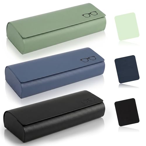 3 Stück Brillenetui Hardcase Leder Metall, Brillenetui mit Brillenputztuch
