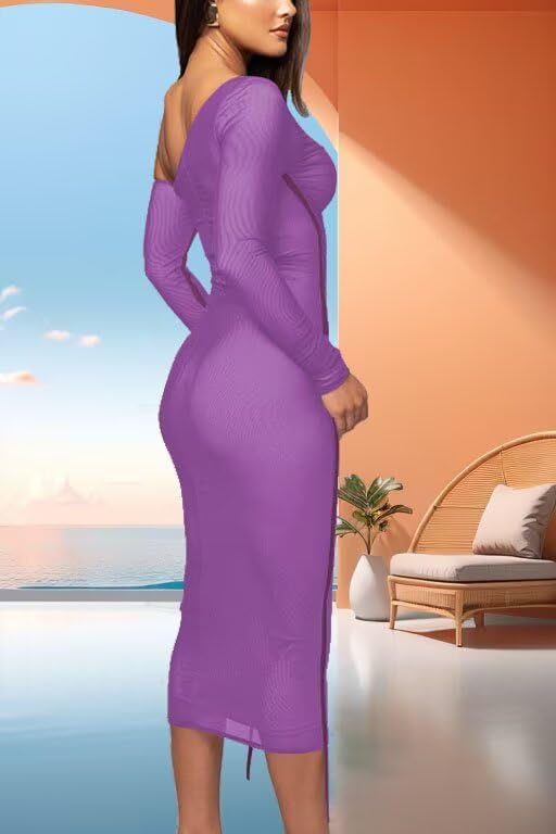 Image of Women's Long Sleeve Mesh Dress - Bodycon Off Shoulder Mesh Ruched Cocktail Club Maxi Dresses