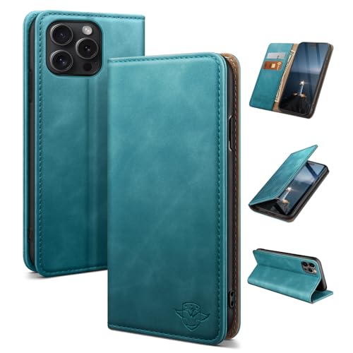 Étui iPhone 15 Pro Max en cuir bleu avec porte-cartes et blocage RFID élégant
