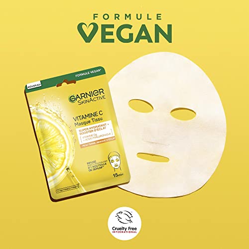 Garnier - Masque Tissu Hydratant - Booster d'Eclat - Enrichi en Vitamine C et Acide Hyaluronique - Formule Vegan - Pour les Peaux Ternes et Fatiguées - 28 g
