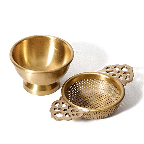 Image of NION Premium Brass Tea Strainer Gold with Drip Bowl | Perfect for Steeping Loose Leaf Tea Infuser Strainer Teapot | Solid Brass Drip Bowl