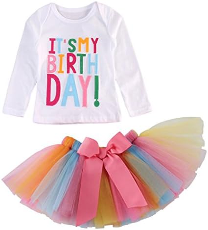 Girls'It's My Birthday Print Shirt Tutu Skirt Dress Outfit Set (White Long Sleeve, 1-2 Years)