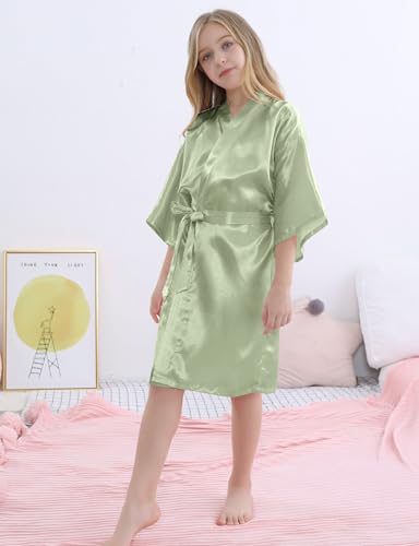 SEALINF Girls Kids Solid Color Silky Satin Kimono Robe for Wedding Spa Party, Short3