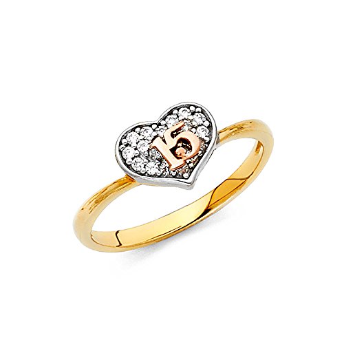 GM Fine Jewelry 14k Yellow Gold Pave-Set 15 Anos Quinceanera Heart Design Fashion Ring - Size 7