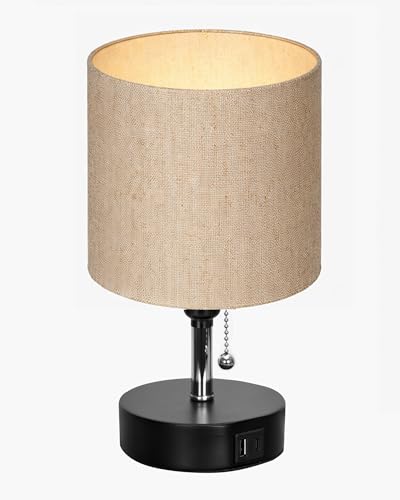 Image of Homesake Bedside Lamp for Bedroom Nightstand Table Light with USB A | C Charging Port, Desk Lamp, Pull Chain Light, Side Table Desk Reading Lamp, Living Room Gift, (Jute Cylinder)