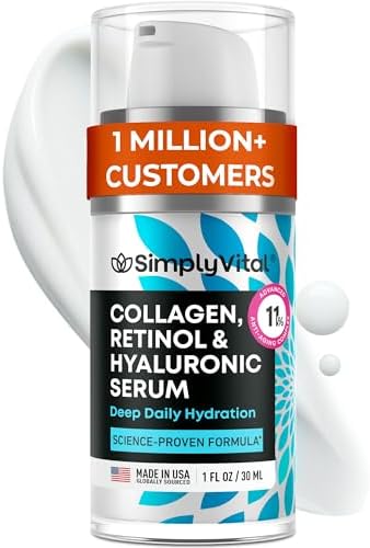 SimplyVital Collagen, Retinol & Hyaluronic Acid Serum - Anti-Aging Moisturizer for Face, Neck & Décolleté - Made in USA, Deep Moisturizing Skin Care Complex - Hydrating Facial Serum for Women, 1 fl.oz
