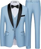 WULFUL Men's 3 Piece Suits Slim Fit Tuxedo Suit Set One Button Shawl Lapel Blazer Jacket Vest Pants Set for Prom, Business Light Blue