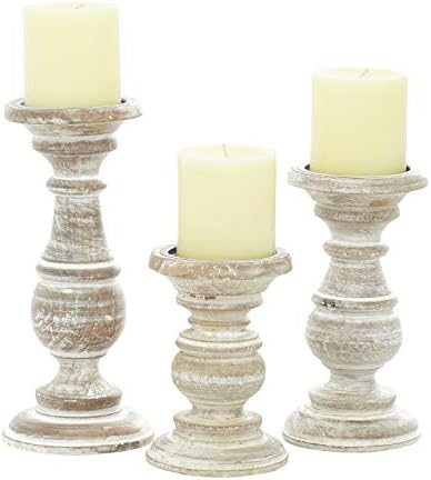 Deco 79 Mango Wood Turned Style Pillar Candle Holder with Distressed Finish, Set of 3, 6", 8", 10"H, Cream