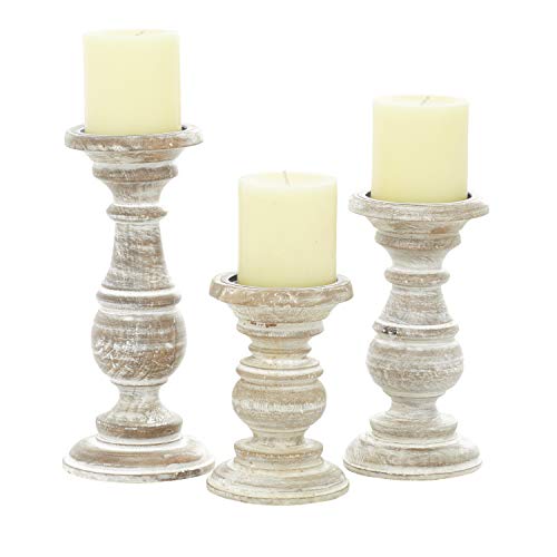 Deco 79 Mango Wood Turned Style Pillar Candle Holder With Distressed Finish, Set Of 3, 6", 8", 10"H, Cream #TOP11