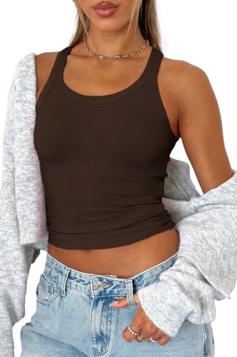 FOFAINWE Gerippte Cropped Tank Top - Rundhalsausschnitt Workout Sommer...