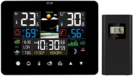 FanJu Wireless Weather Station Indoor Outdoor Thermometer, Touchscreen Color Display Barometer Digital Alarm Clock Temperature Humidity Monitor with Remote Sensor, Alerts, Moon Phase, Sunrise & Sunset