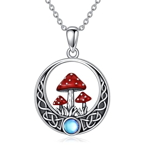 YAFEINI Pilz Kette Sterling Silber Keltischer Knoten Mond Pilz Anhänger Halskette Pilz Schmuck Geschenke für Damen
