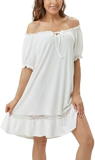 Nachthemd Damen Kurtarm Baumwolle Knielang Schulterfrei Nachtkleid Losse Fit Vintage Viktorianisch