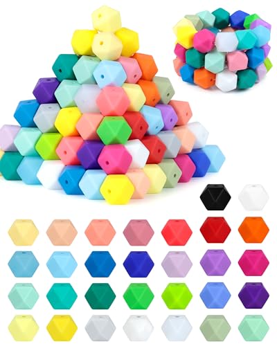 90PCS FIVEIZERO Hexagon Silicone Beads,30 Colors 14mm Silicone Beads for Keychain Making Kit,Lanyard Making,Keychains,Valentine's Day Bracelet,Craft Projects and DIY for Adult