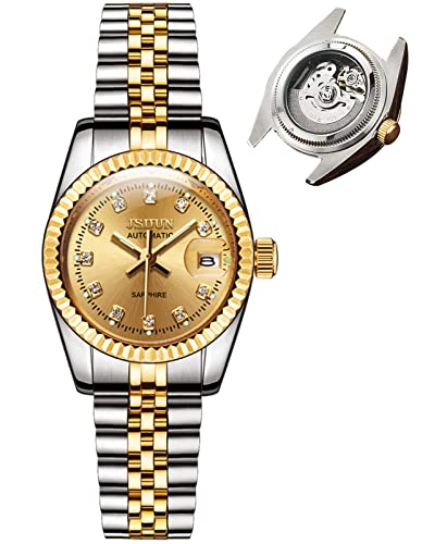 Automatic Wrist Watches for Women Ladies Gold Dial Elegant Luxury Dress Wrist Watches Gold and Silver Stainless Steel Waterproof Watches Classic Date Watches