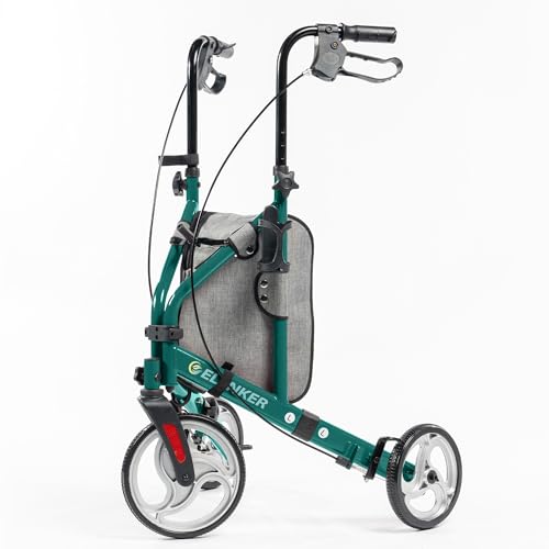 ELENKER 3 Wheel Walkers for Seniors Three Wheeled Rollator with Storage Bag Height Adjustable Foldable Narrow Rolling Walker Green