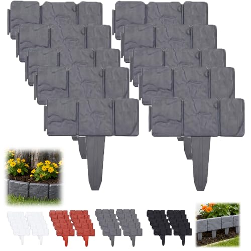 Imitation Stone Garden Fence No Dig Landscape Edging Faux Stone Garden Border Plastic Pound in Edging for Landscaping Flower Beds Yard Decorative Artificial Rock Edgers Bricks (10, Grey)