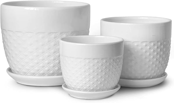 Dahlia Embossed Textured White Ceramic Planter/Flower Pot w. Attached Drainage Tray, 3pc Diamond