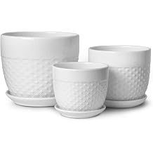 Dahlia Embossed Textured White Ceramic Planter/Flower Pot w. Attached Drainage Tray, 3pc Diamond