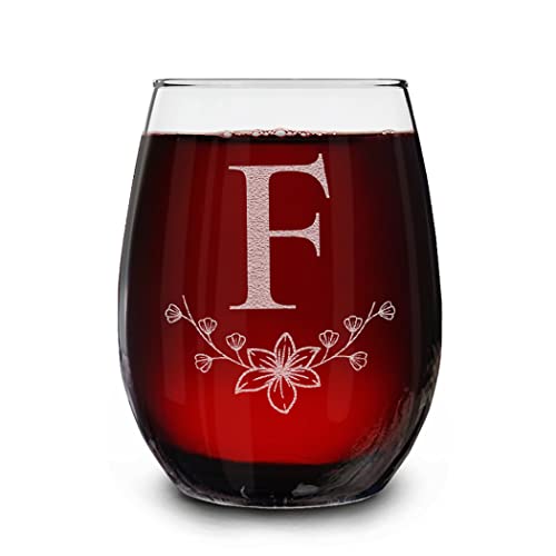 Floral Monogram Engraved Stemless Wine Glass, Custom 15 Oz - Letter F