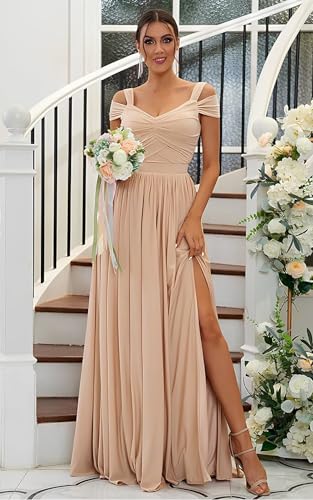SOLODISH Off The Shoulder Bridesmaid Dresses Long for Women Chiffon Formal Evening Party Gown with Slit2