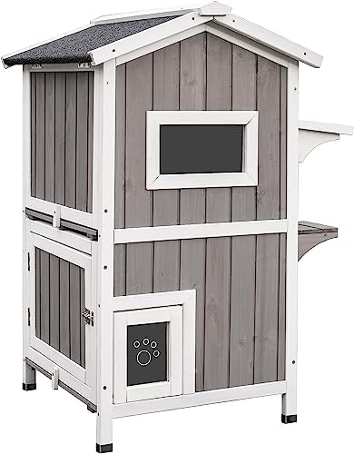 PetsCosset Outdoor Cat House Shelter Weatherproof, Two Story Wooden Outside Cat House Feral Cat House with Openable Roof, Escape Door