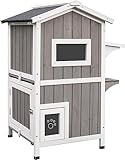 PetsCosset Outdoor Cat House Shelter Weatherproof, Two Story Wooden Outside Cat House Feral Cat Hous