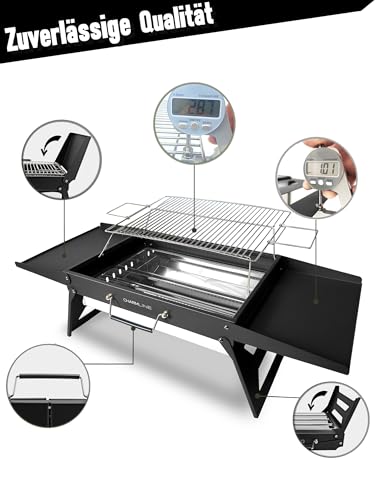 Charmline 51x35cm Foldable Portable Holzkohlegrill, Kompakte Tragbare Grill für Den Außenbereich, BBQ Grill für Camping, Picknicks, Gärten und Strand Parteien, Schwarz