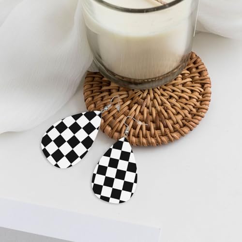 Checkerboard Chess Board Flag Faux Leather Teardrop Earrings for Women Drop Dangle Earrings Gift2