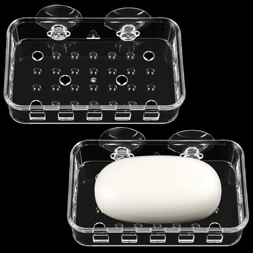 2 Pack Suction Cup Soap Holder, Multi-Purpose Acrylic Clear Suction Cup Shower Soap Holders Wall Mounted Jabonera para Baño De Pared Strong Bearing Capacity NO-Drilling for Bathroom, Kitchen Sink