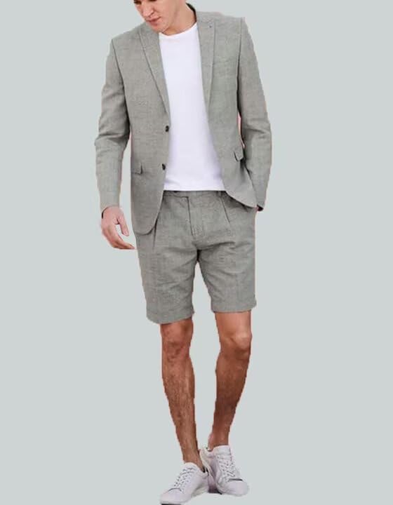 Men's Linen Short Suits Casual 2 Piece Tuxedo Suit Set for Men Slim Fit Summer Beach Wedding Prom Jacket Blazer Shorts Suit2