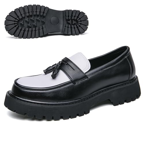 Fashion Chunky Platform Penny Loafers for Men's with Decoration Luxury Round Toe Slip-On Block Heel Business Dress Shoes Daily Non-Slip Lug Sole Casuals (Black White-A,9.5) by IOHSIGMGG - Used condition - US$39.57