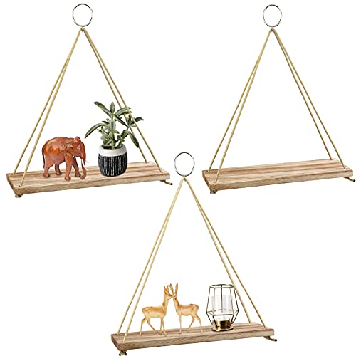 Pozean Hanging Shelves 3 Pack Wooden Floating Wall Shelves, Hanging Plant Shelf, Boho Wall Decor Shelves For Bedroom, Plants, Living Room, Office (Included 6 Ropes 3 Rings 3 Hooks And Anchors) #TOP10
