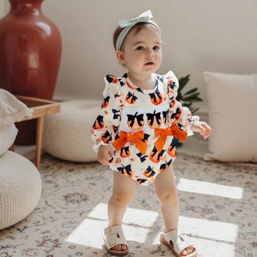Baby Girl Halloween Outfit Pumpkin/Witch Hat Embroidery Plaid Long Puff Sleeve Smocked Bubble Romper Fall Clothes3
