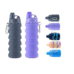 Collapsible Water Bottles 2 pack Travel Water Bottle Portable Hiking Water Bottle with Leak proof Twist Cap 500ML Reusable BPA Free Silicone Water Bottles (Style1, Black+Purple)