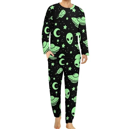 Cmagnifico Conjunto de pijama de cuello redondo para hombre, lindo pijama de pollo para hombre, pijama para hombre con bolsillos, Green Alien Moon OVNI, L