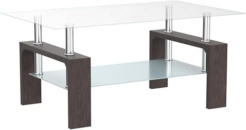 Miniatura 4 de Btrpily Mesa auxiliar rectangular de nogal, 39.5 x 23.5 x 17.5 pulgadas, mesa de vidrio con estante inferior, esquinas inferiores ajustables