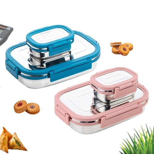 Stainless Steel Lunch Box, Leakage Proof Containers Lunch Box for Office Use, Bento Lunch Box for Men/Women - (Blue and Pink) 1000 ML