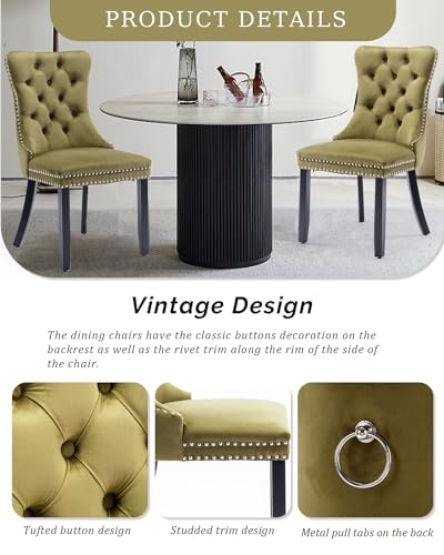 VICBARLEY Velvet Dining Chair Set of 4 Upholstered Tufted Dining Room Chair with Nailhead Trim and Solid Wood Legs for Kitchen, Restaurant,Olive Green