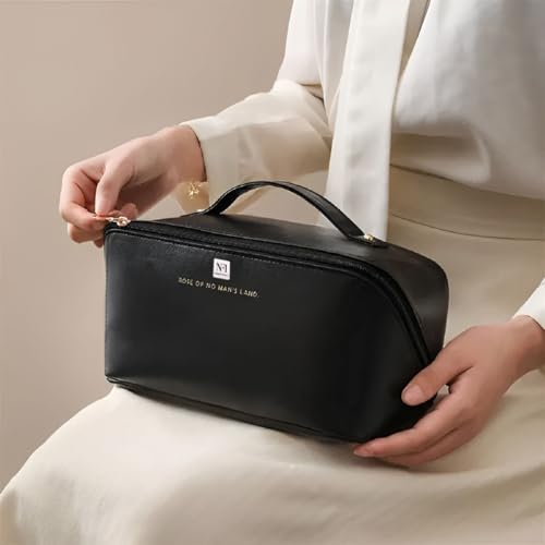 Image of NFI essentials Cosmetic Travel Organizer Bag, Women's Makeup Pouch Toiletry Bag Portable Leather Wide Opening Cosmetics Bag with Handle and Divider