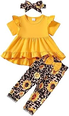 Kucnuzki 18-24 Months Girl Clothing Toddler Girl Clothes Cute Little Girl Outfit Baby Ruffle Shirt Yellow Top Floral Pants Set 3Pcs Spring Outfit Baby Clothing