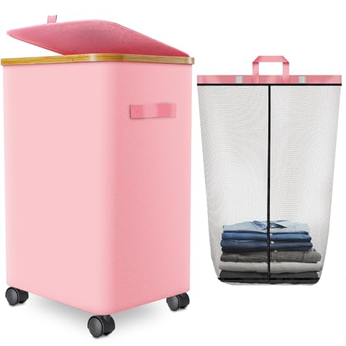 Laundry Hamper with Wheels,20 Gal (75L) Laundry Basket with lid Rolling Clothes Hamper Foldable Dirty Clothes Basket on wheels with Bamboo Frame and Bag for Bedroom, Dorm, Laundry Room-Pink